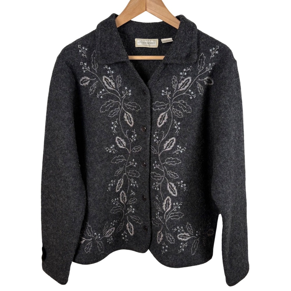 Vtg Studio Works Gray Wool Embroidered Cardigan Women's‎ L Scandi Cottagecore